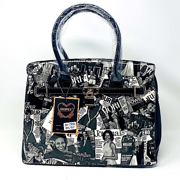 Glossy Magazine Cover Collage Michelle Obama Printed Padlock 2-in-1 Satchel